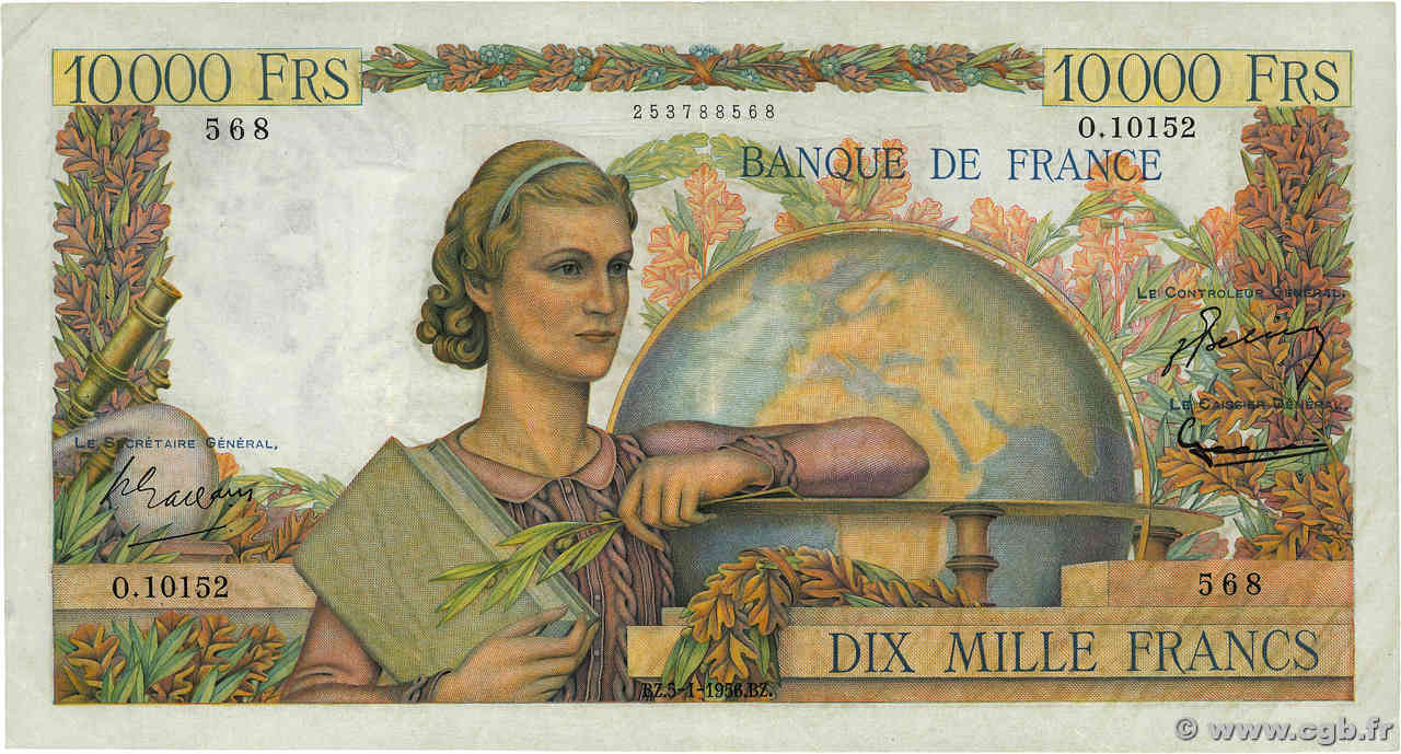 10000 Francs GÉNIE FRANÇAIS FRANKREICH  1956 F.50.78 SS