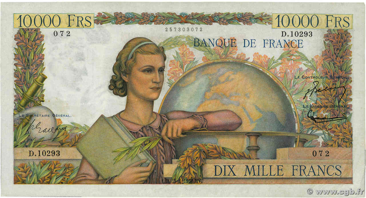 10000 Francs GÉNIE FRANÇAIS FRANCIA  1956 F.50.78 MBC