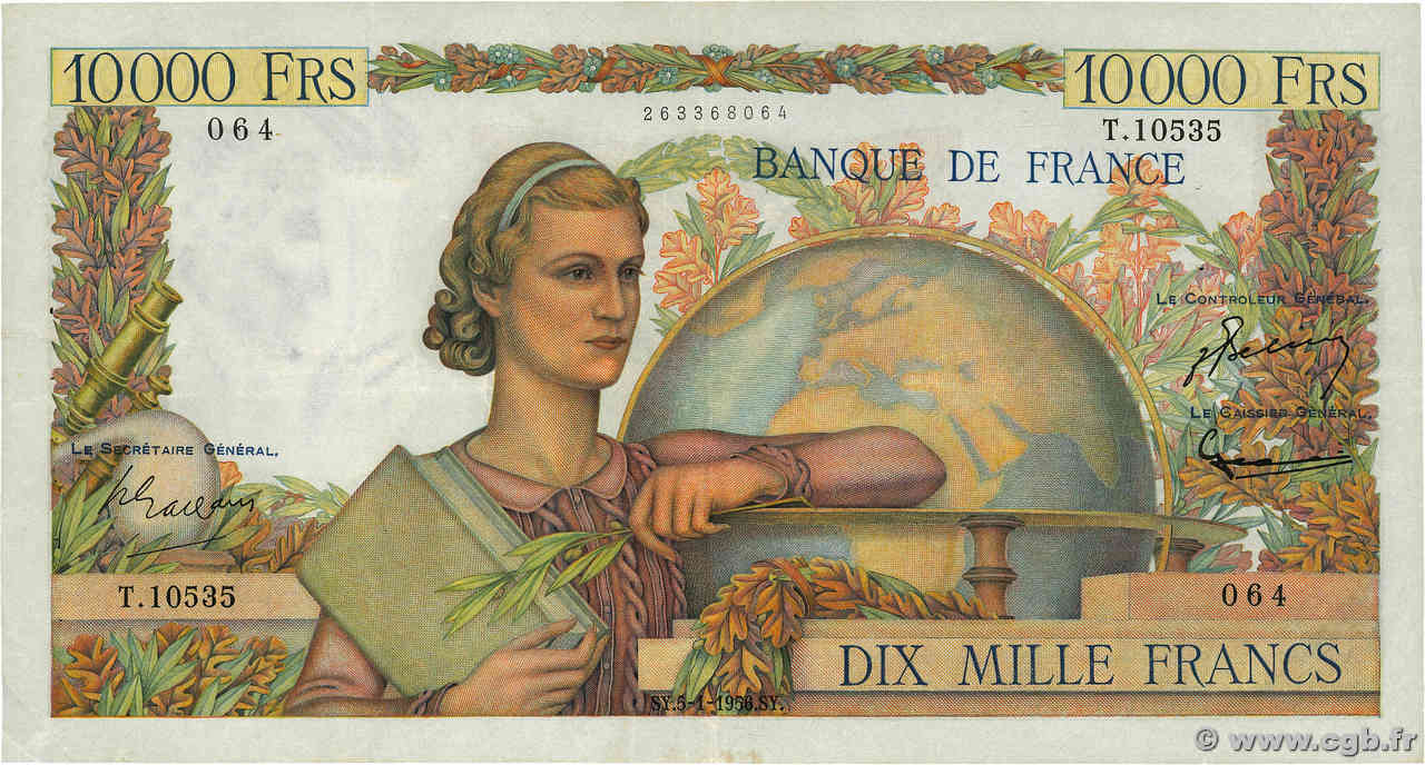 10000 Francs GÉNIE FRANÇAIS FRANCE  1956 F.50.78 VF+