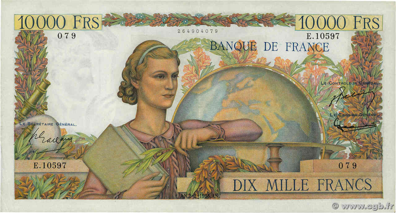 10000 Francs GÉNIE FRANÇAIS FRANKREICH  1956 F.50.79 fVZ