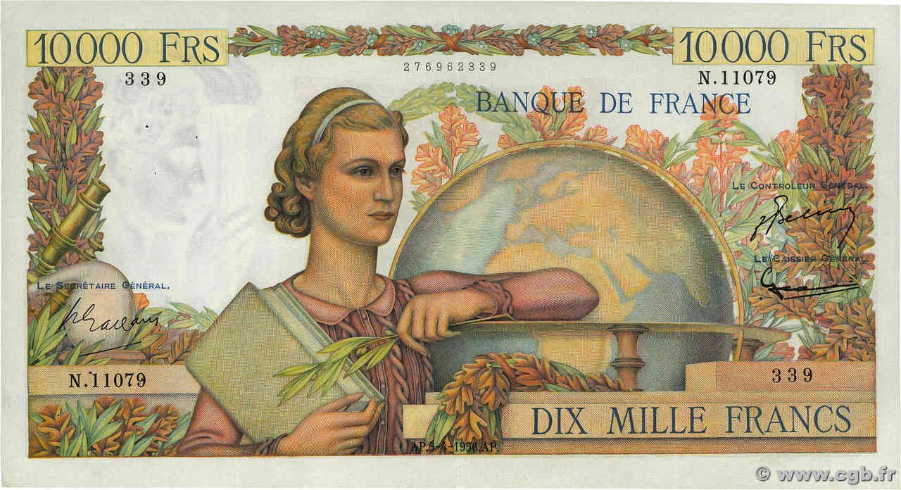 10000 Francs GÉNIE FRANÇAIS FRANCE  1956 F.50.80 VF+