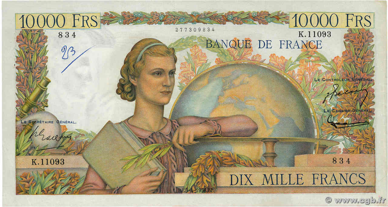 10000 Francs GÉNIE FRANÇAIS FRANCE  1956 F.50.80 XF-