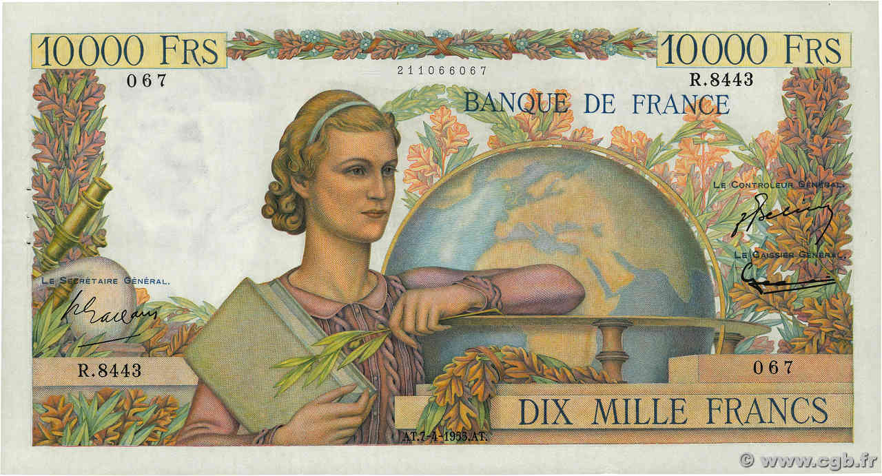 10000 Francs GÉNIE FRANÇAIS FRANKREICH  1955 F.50.74 VZ