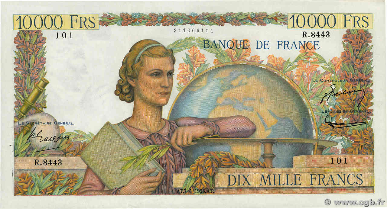 10000 Francs GÉNIE FRANÇAIS FRANCE  1955 F.50.74 XF-