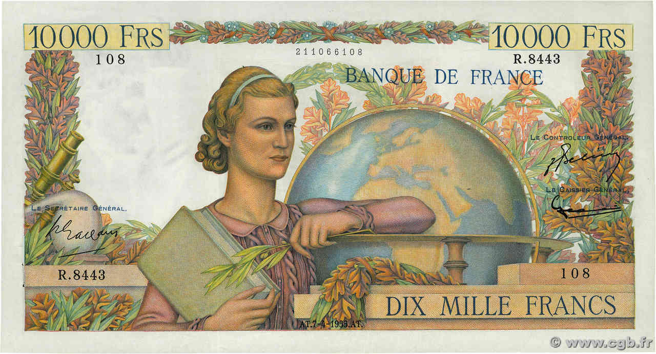 10000 Francs GÉNIE FRANÇAIS FRANKREICH  1955 F.50.74 fVZ