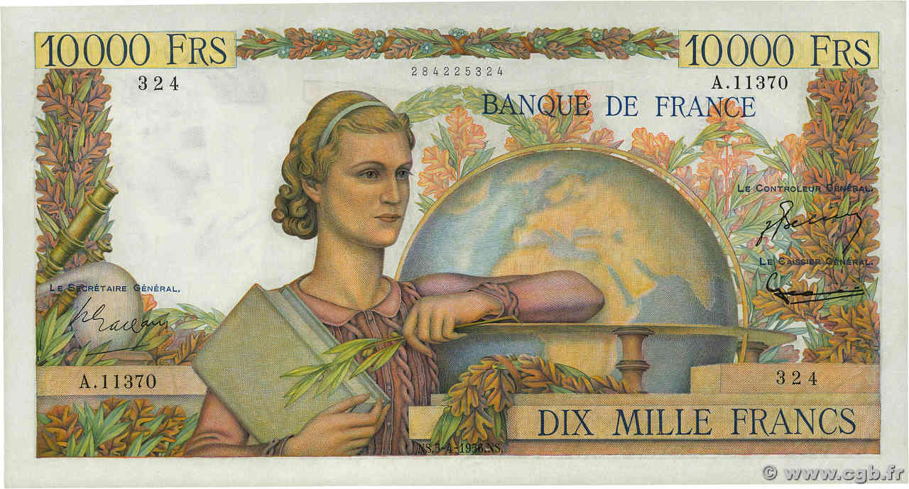 10000 Francs GÉNIE FRANÇAIS FRANKREICH  1956 F.50.80 fST