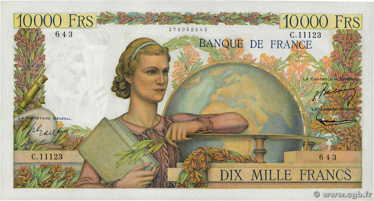 10000 Francs GÉNIE FRANÇAIS FRANKREICH  1956 F.50.80 fST