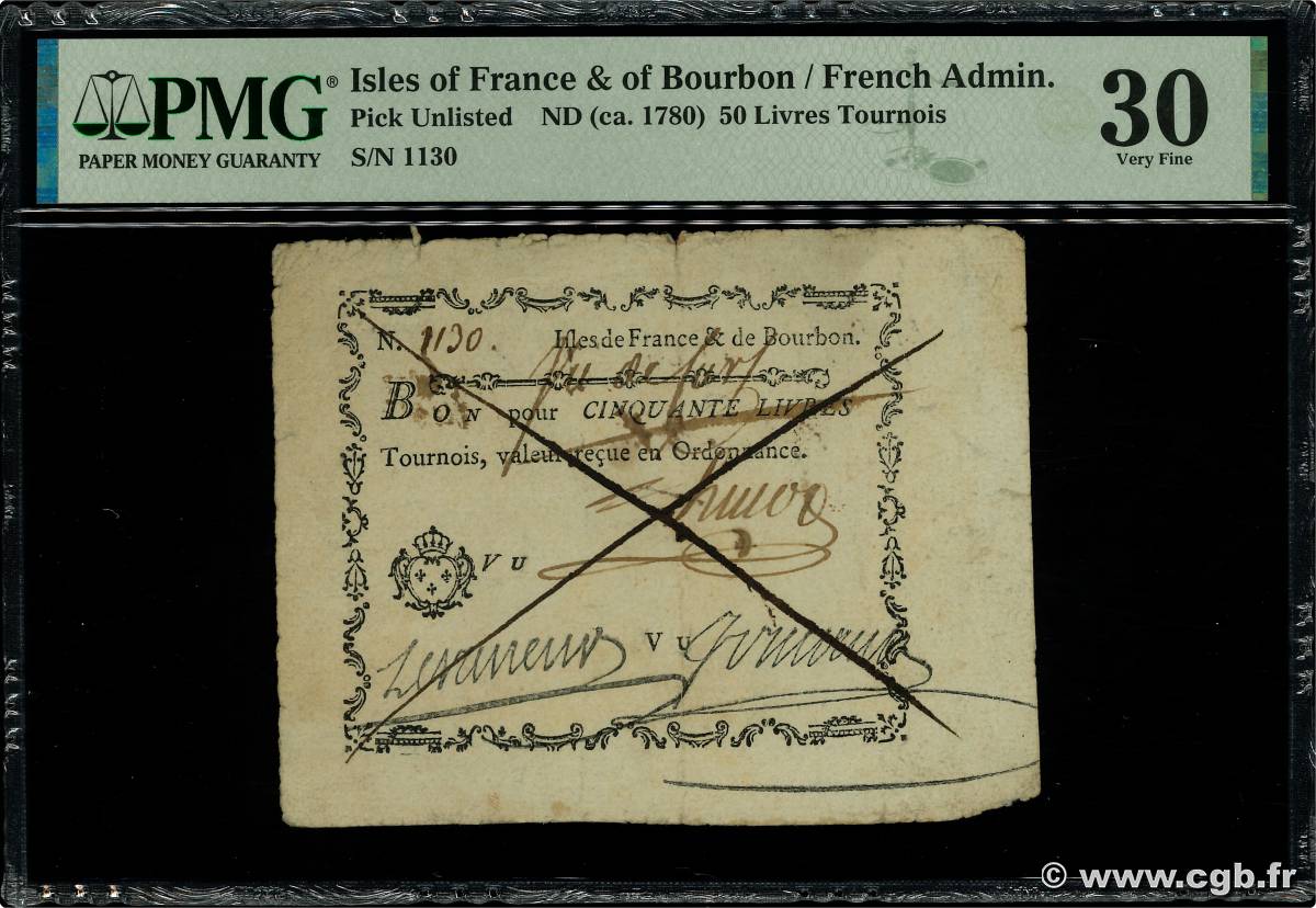 50 Livres Tournois ISOLE DE FRANCIA E BORBONE  1778 K.530var BB