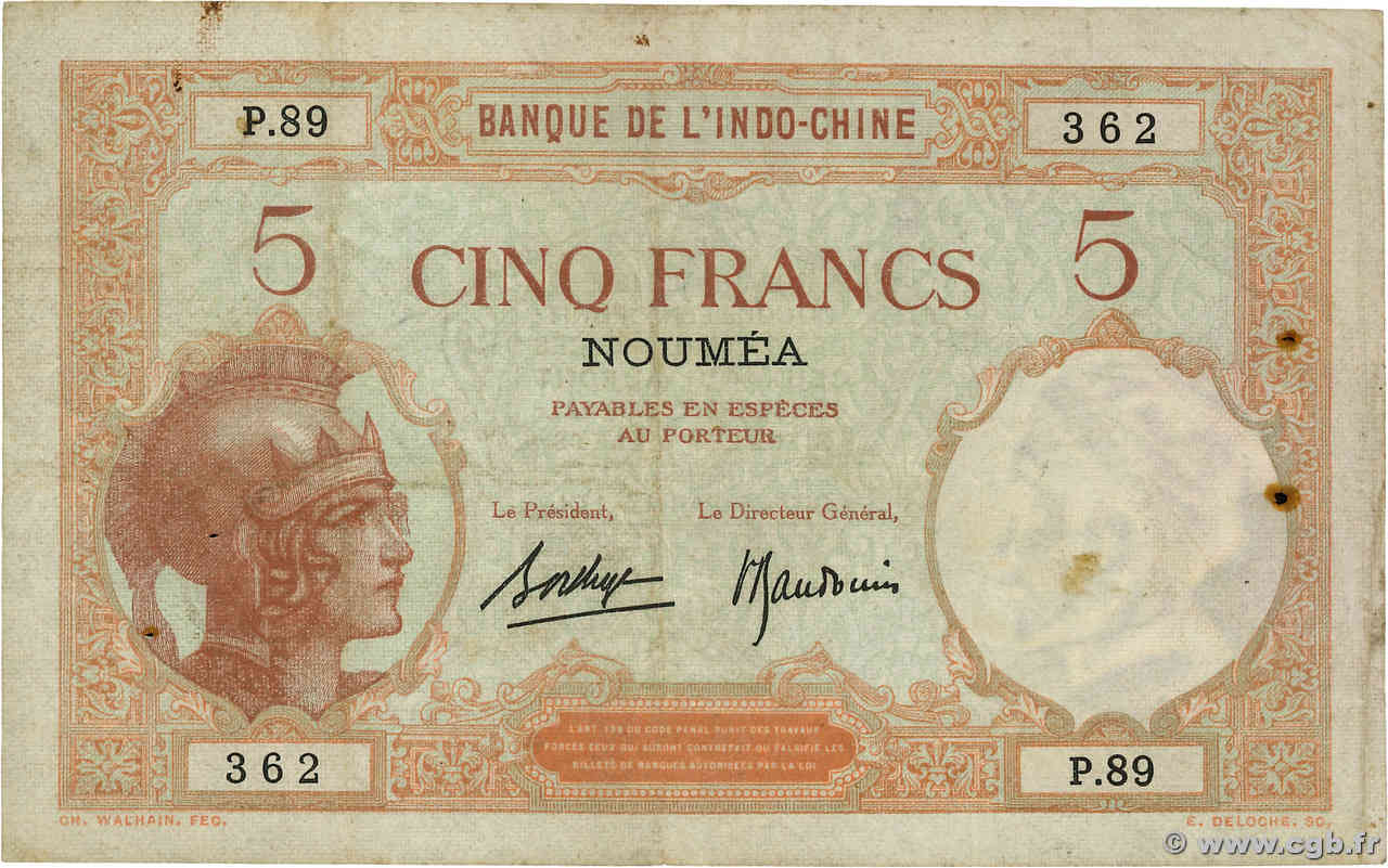 5 Francs NOUVELLE CALÉDONIE  1940 P.36b MB