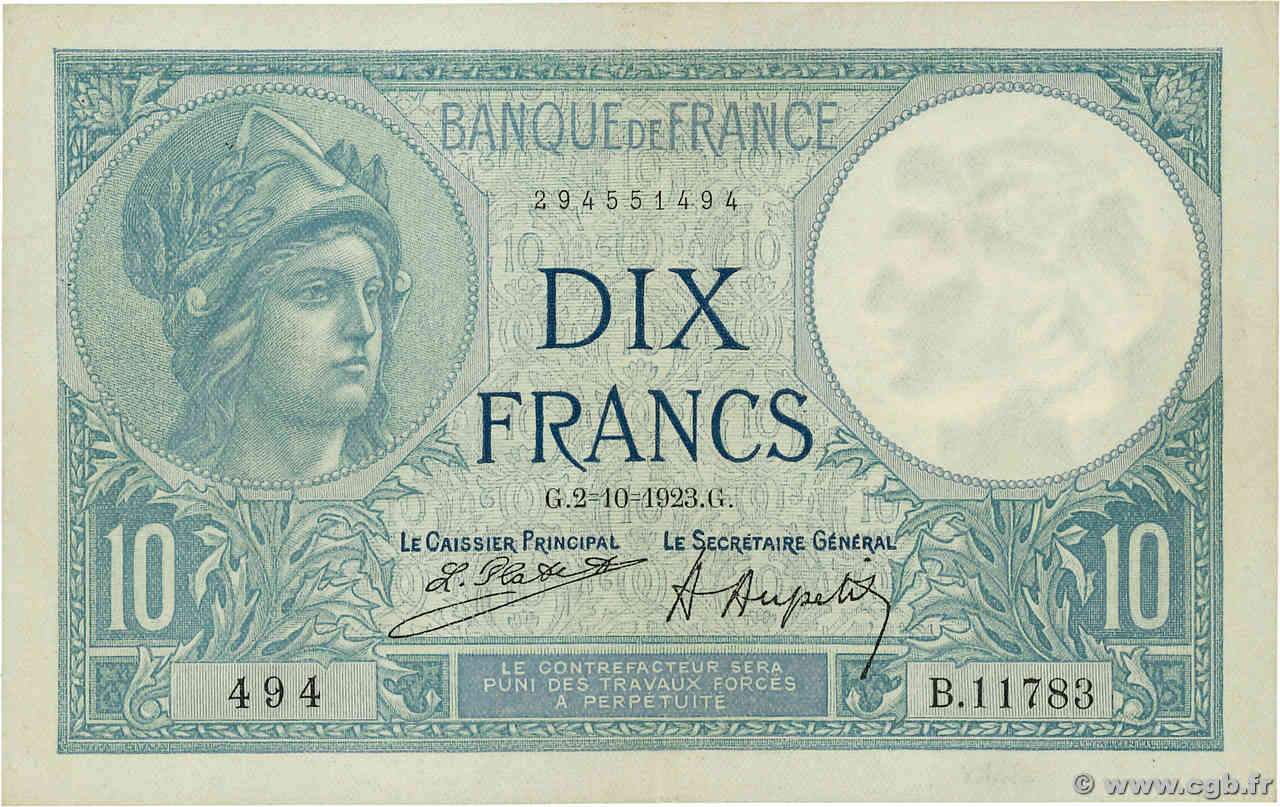 10 Francs MINERVE FRANKREICH  1923 F.06.07 fVZ
