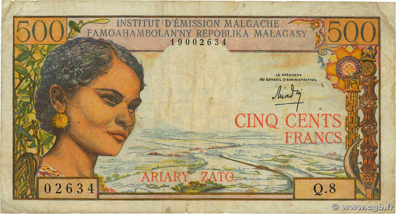 500 Francs - 100 Ariary MADAGASCAR  1964 P.058a TB