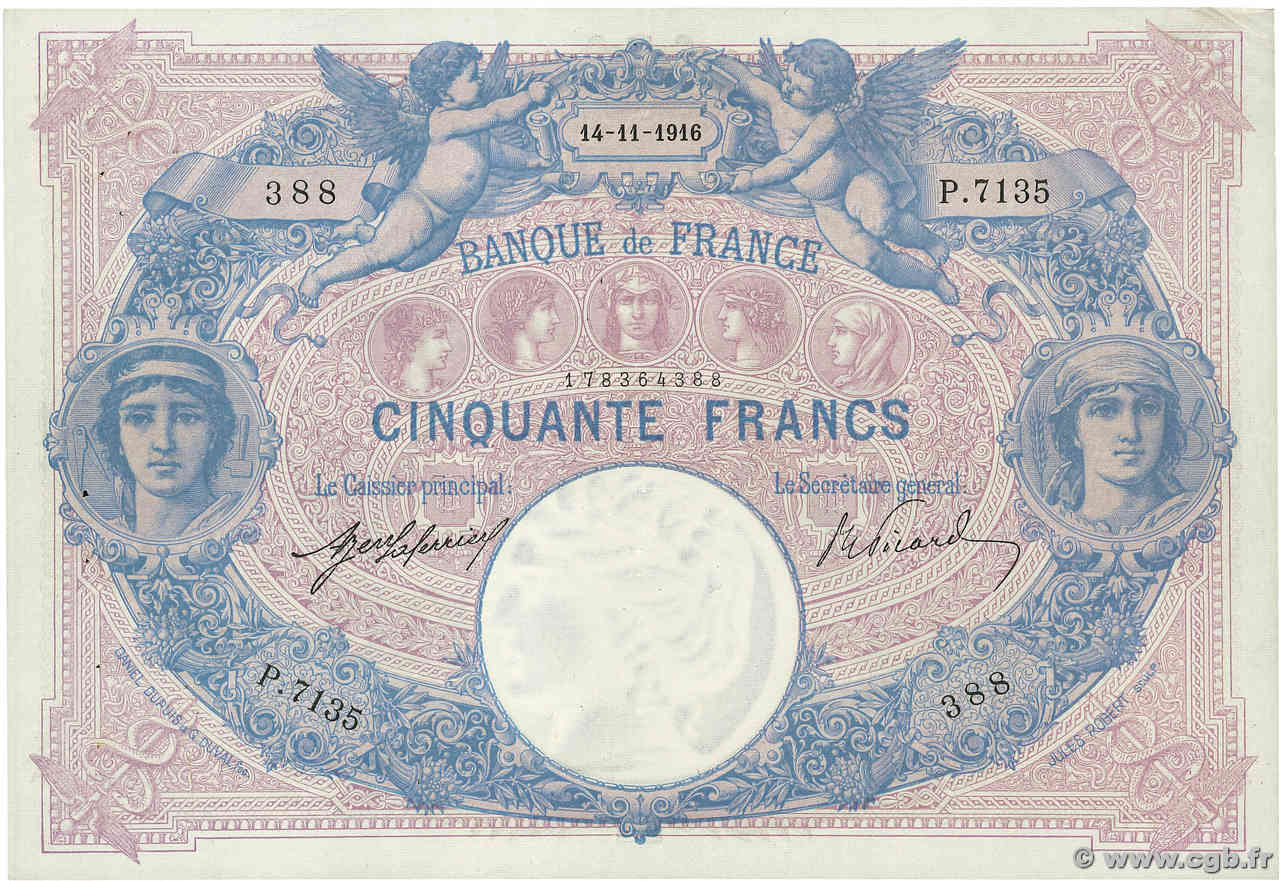 50 Francs BLEU ET ROSE FRANCE  1916 F.14.29 pr.SUP