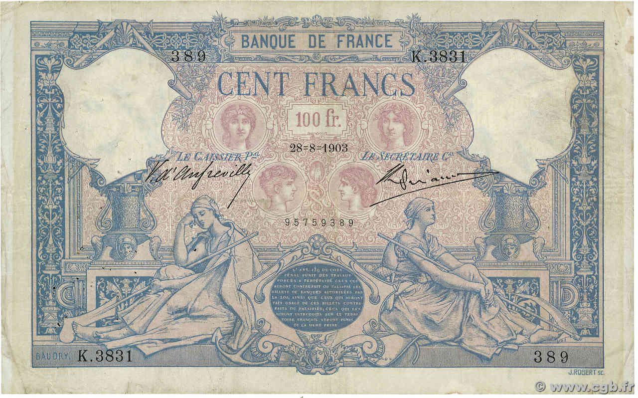 100 Francs BLEU ET ROSE FRANCE  1903 F.21.17 B+