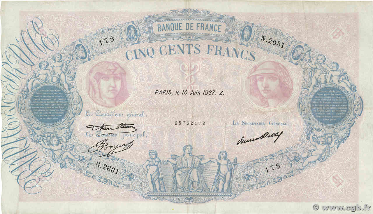 500 Francs BLEU ET ROSE Grand numéro FRANCE  1937 F.30.38 VF