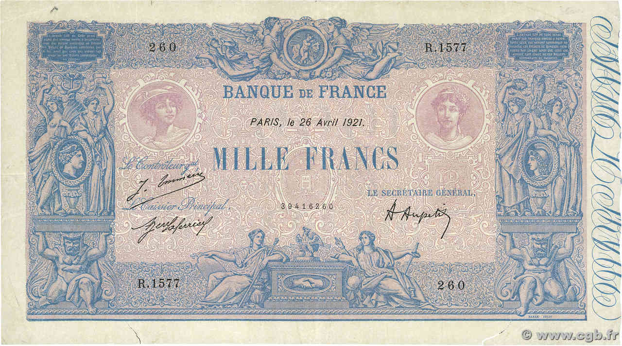 1000 Francs BLEU ET ROSE FRANCE  1921 F.36.37 TB+