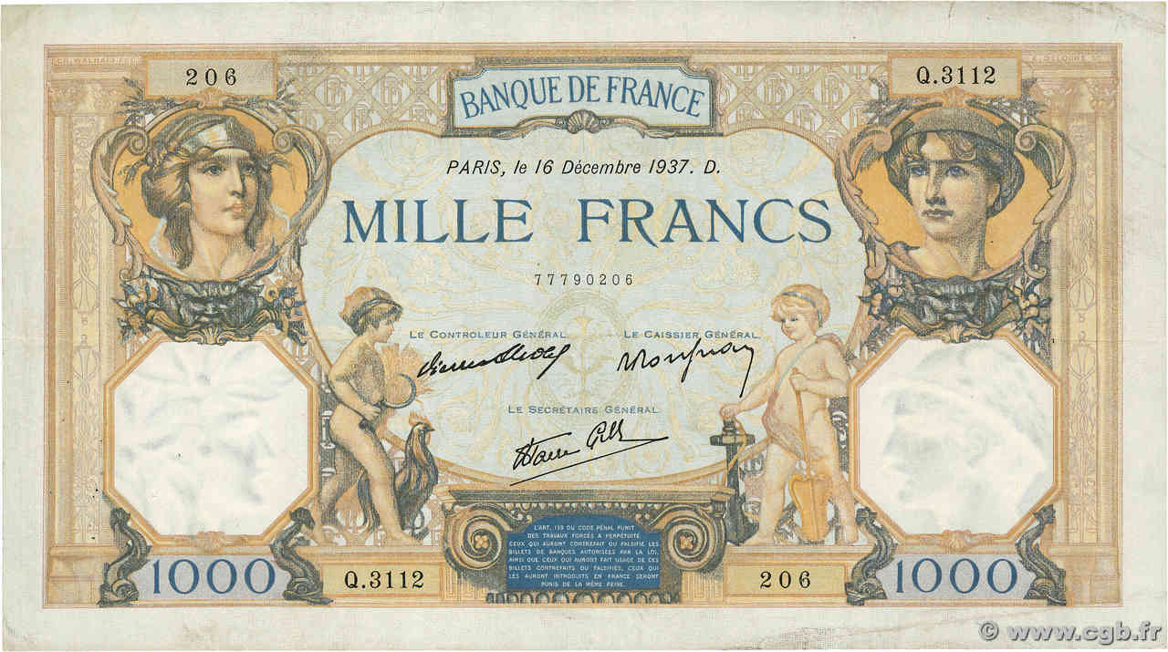 1000 Francs CÉRÈS ET MERCURE type modifié FRANCE  1937 F.38.07 TTB
