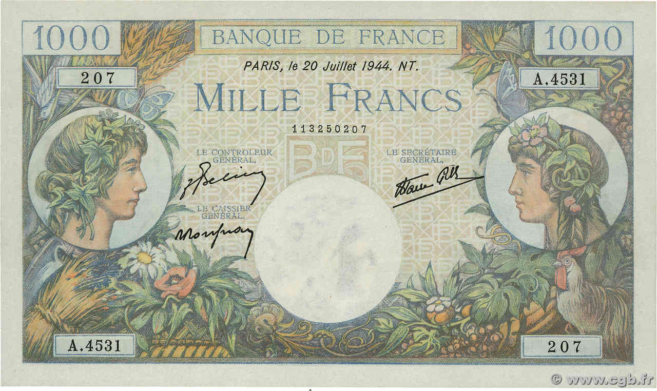1000 Francs COMMERCE ET INDUSTRIE FRANCE  1944 F.39.12 UNC-