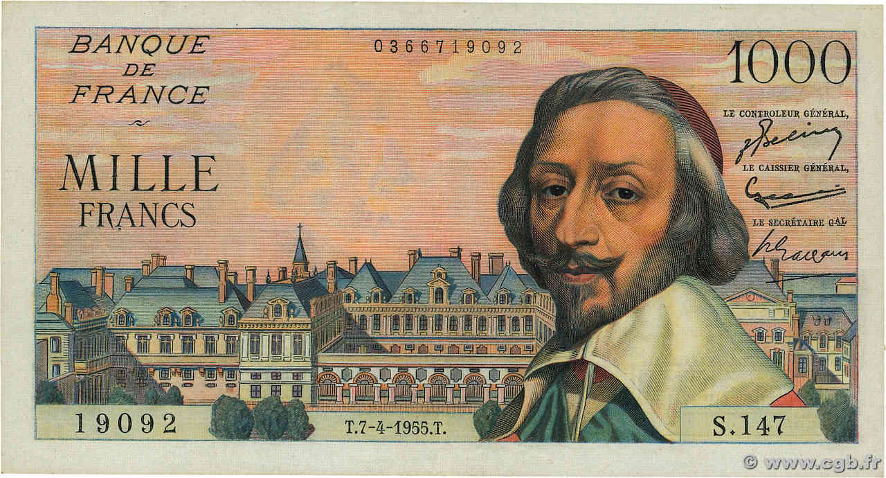 1000 Francs RICHELIEU FRANCE  1955 F.42.12 VF+