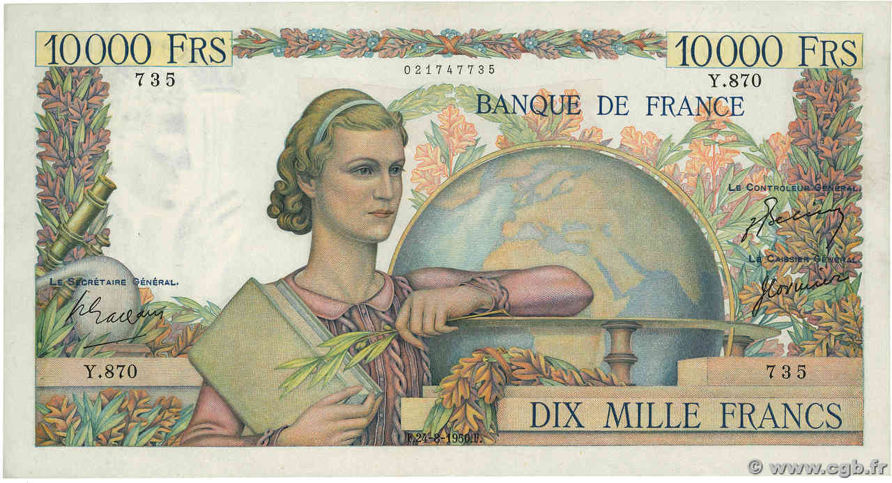 10000 Francs GÉNIE FRANÇAIS FRANCE  1950 F.50.37 XF