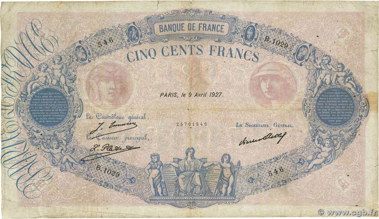 500 Francs BLEU ET ROSE FRANCE  1927 F.30.30 pr.TB