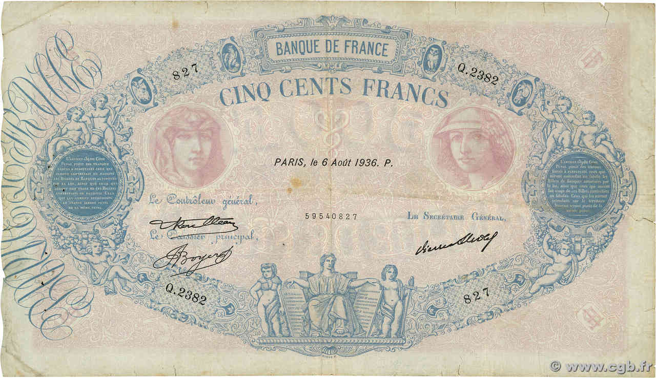 500 Francs BLEU ET ROSE FRANCE  1933 F.30.36 TB