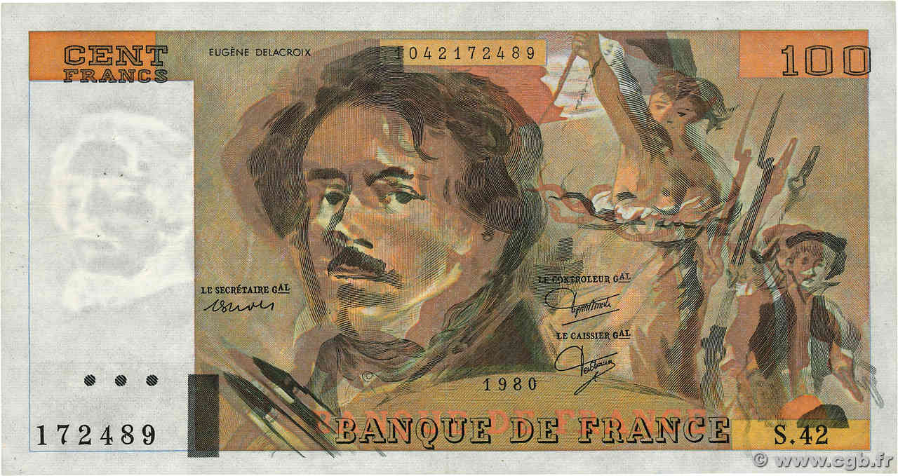 100 Francs DELACROIX modifié Fauté FRANCE  1980 F.69.04b TTB