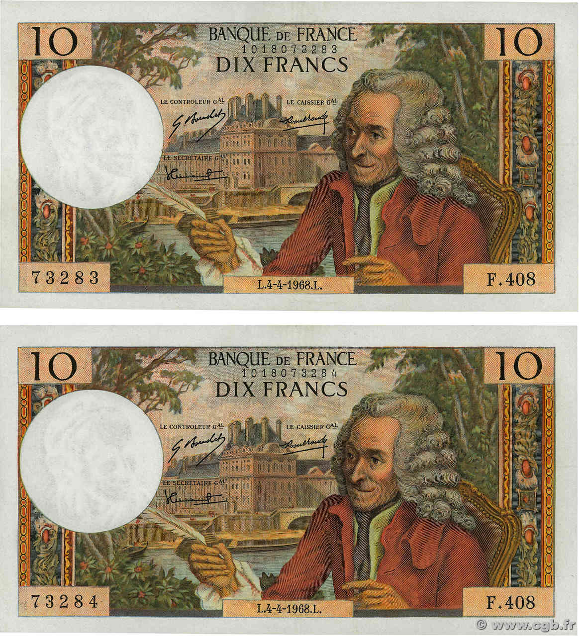 10 Francs VOLTAIRE Consécutifs FRANKREICH  1968 F.62.32 VZ