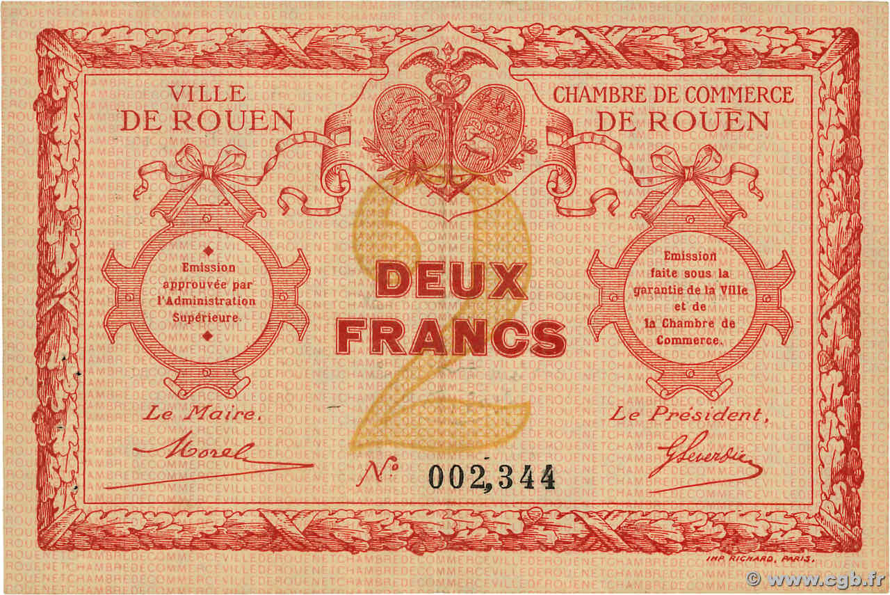 2 Francs FRANCE Regionalismus und verschiedenen Rouen 1917 JP.110.32 SS
