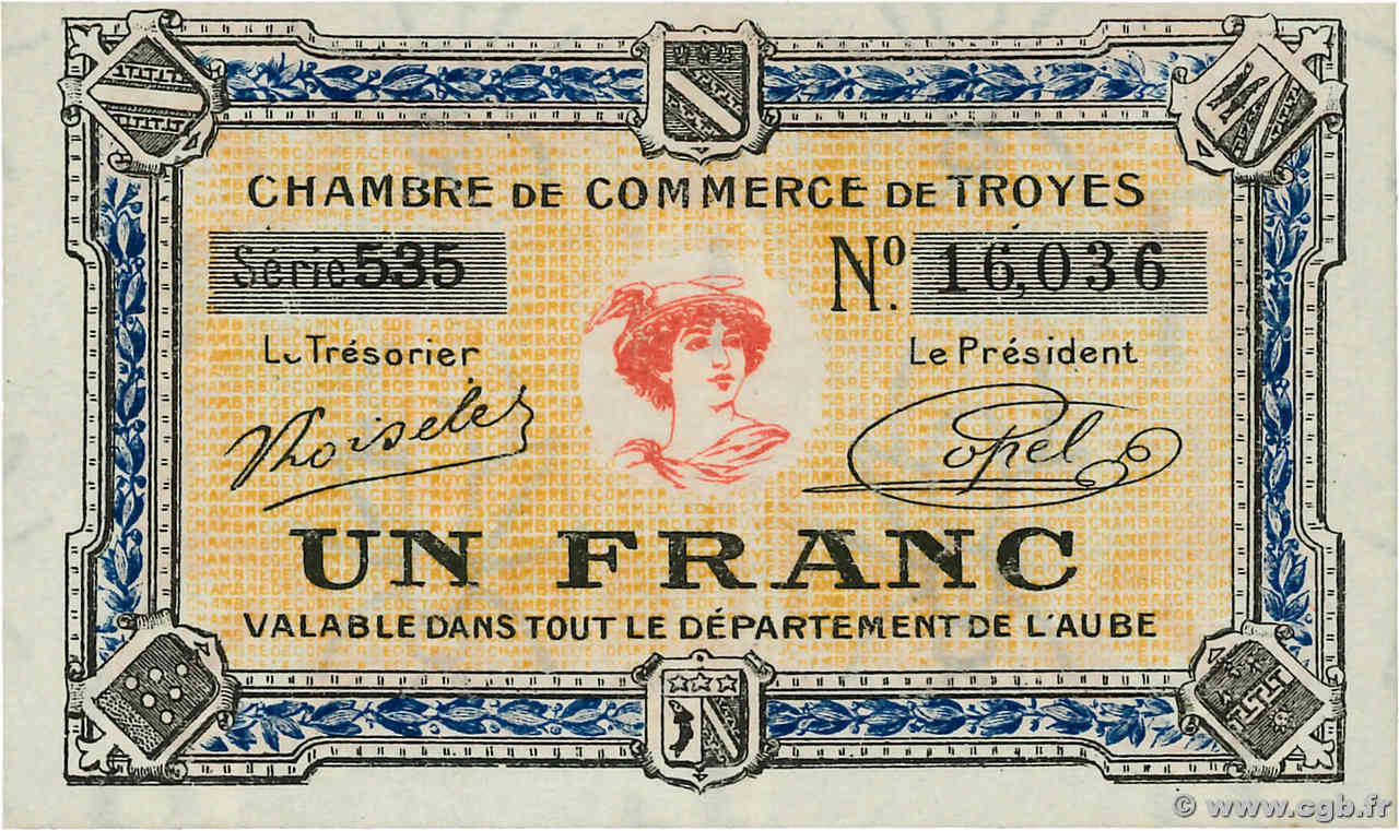 1 Franc FRANCE regionalism and various Troyes 1918 JP.124.14 UNC