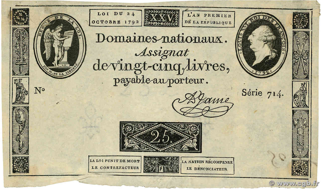 25 Livres FRANCE  1792 Ass.37a VF+