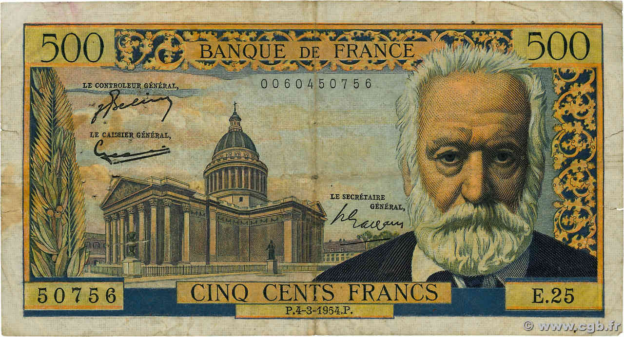 500 Francs VICTOR HUGO FRANCE  1954 F.35.02 B