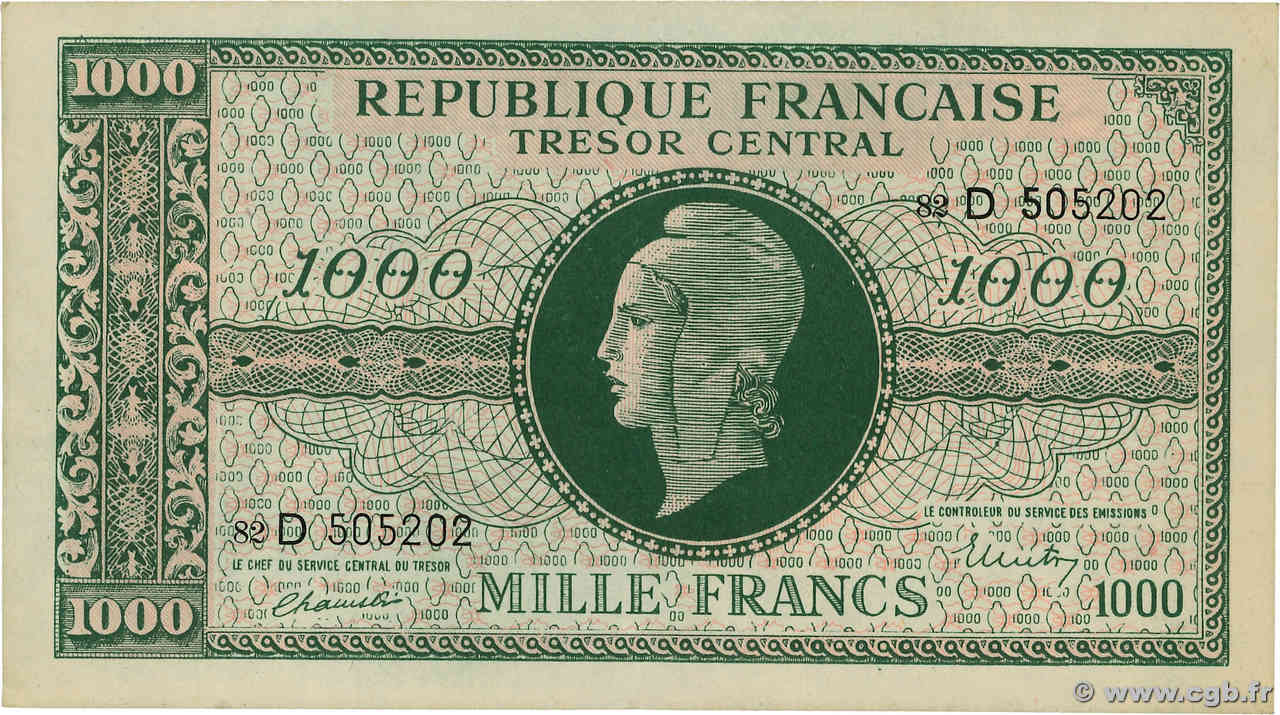 1000 Francs MARIANNE THOMAS DE LA RUE FRANCIA  1945 VF.13.01 SPL