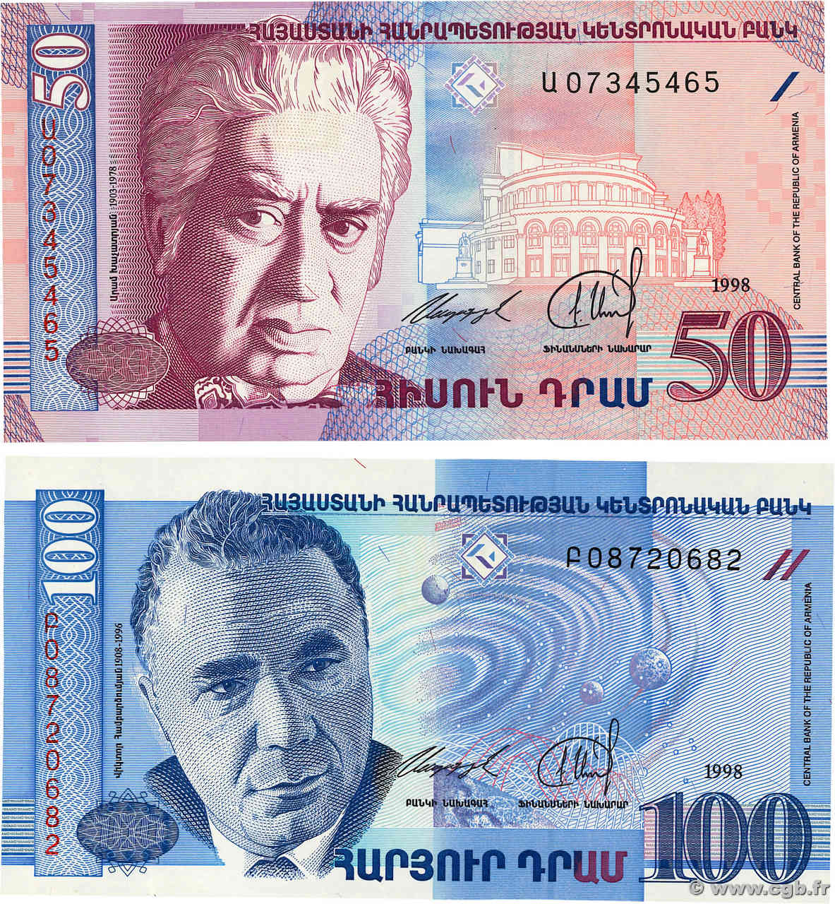 50 et 100 Dram Lot ARMÉNIE  1998 P.41 et P.42 NEUF