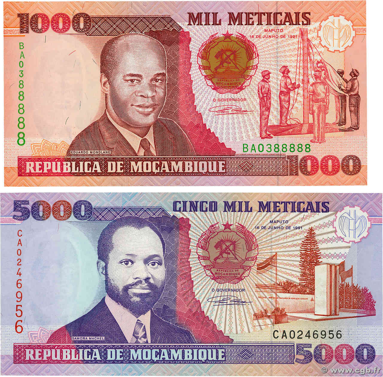 1000 et 5000 Meticais Lot MOZAMBIQUE  1991 P.135 et P.136 FDC