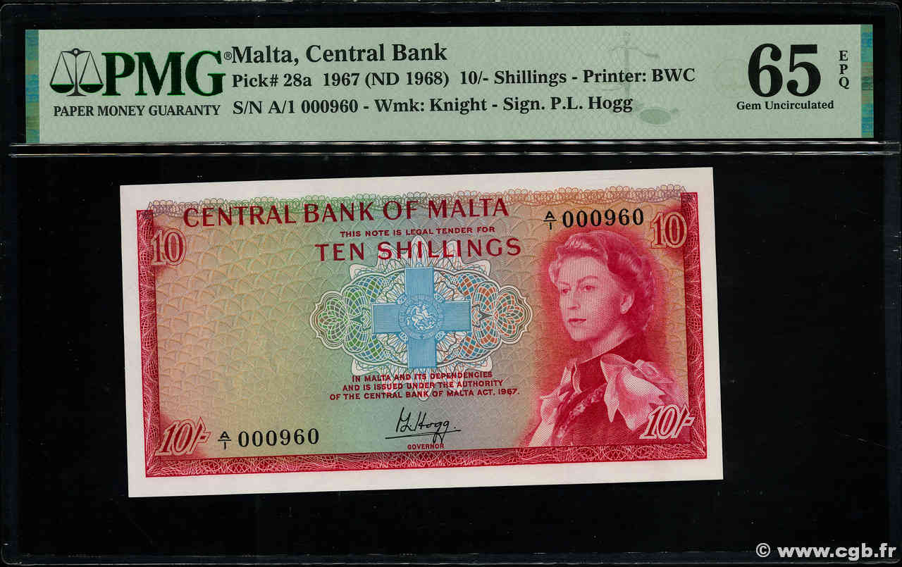 10 Shillings Petit numéro MALTE  1968 P.28a NEUF