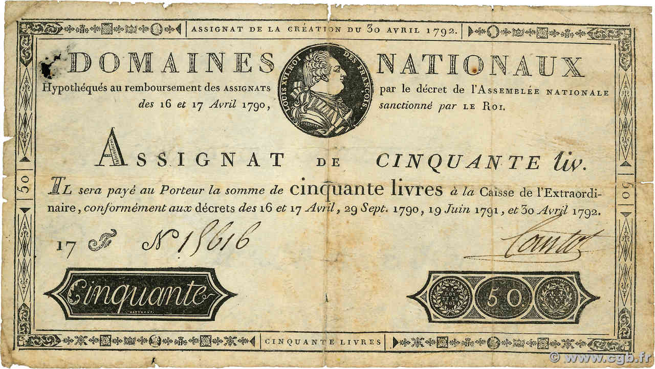 50 Livres FRANCE  1792 Ass.28a B