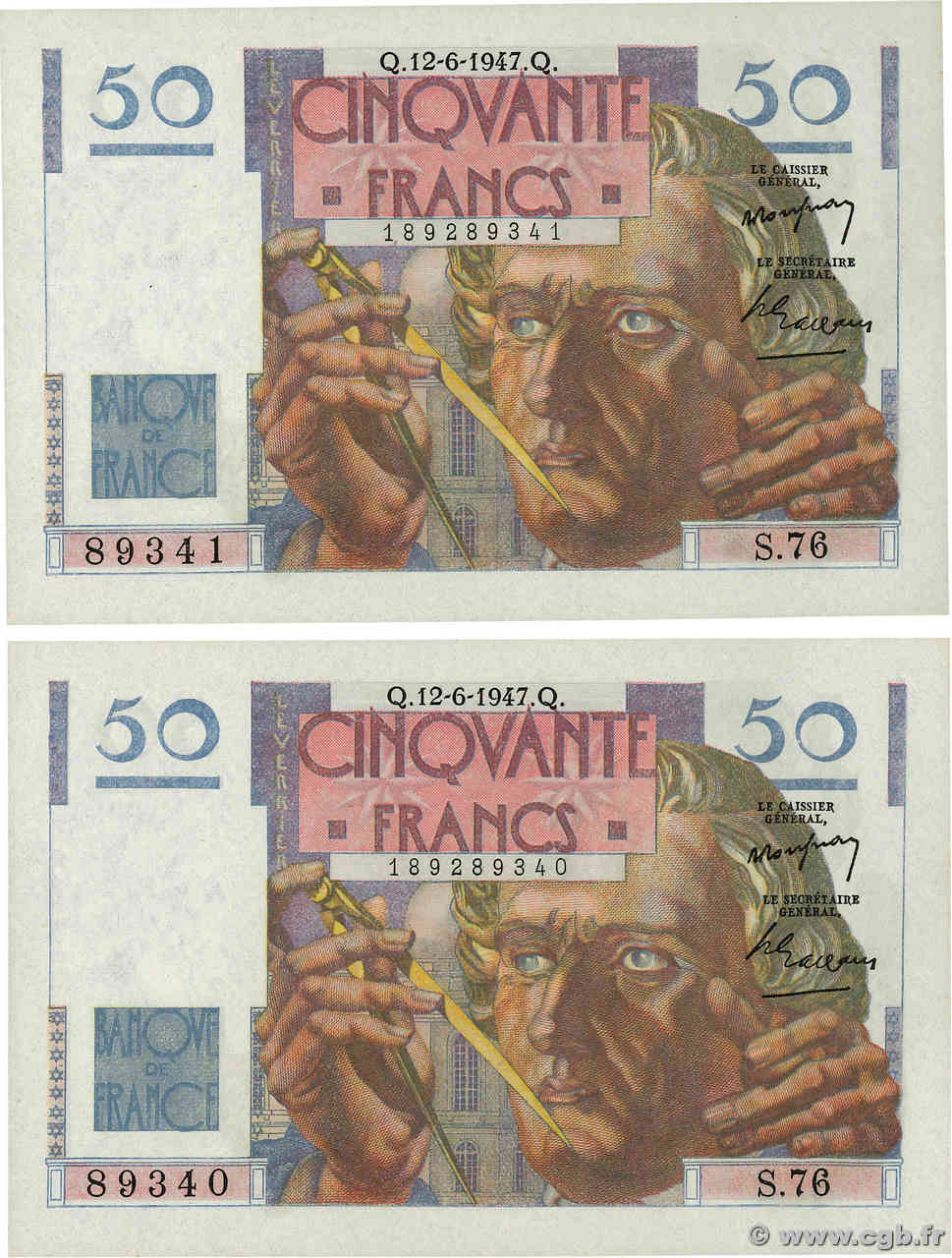 50 Francs LE VERRIER Consécutifs FRANCE  1947 F.20.08 pr.NEUF