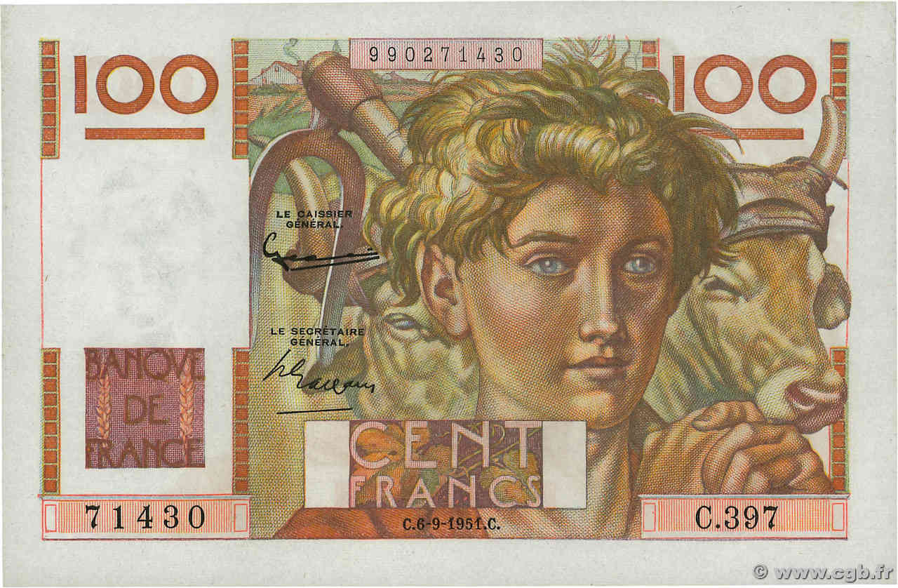 100 Francs JEUNE PAYSAN FRANCE  1951 F.28.29 pr.NEUF