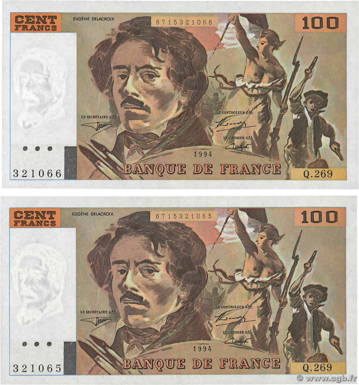 100 Francs DELACROIX 442-1 & 442-2 Consécutifs FRANCE  1994 F.69ter.01a AU