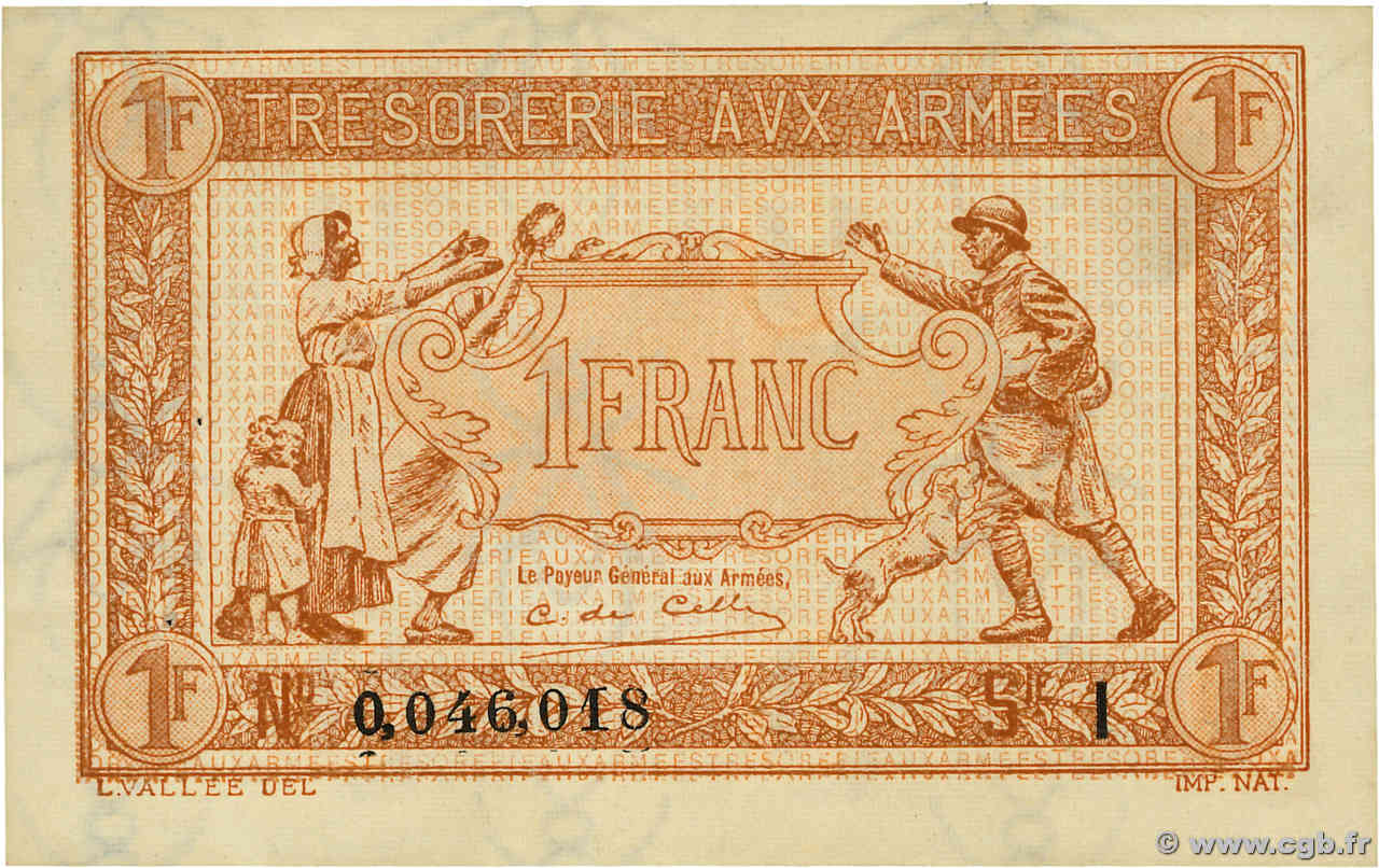1 Franc TRÉSORERIE AUX ARMÉES 1917 FRANCE  1917 VF.03.09 SUP+
