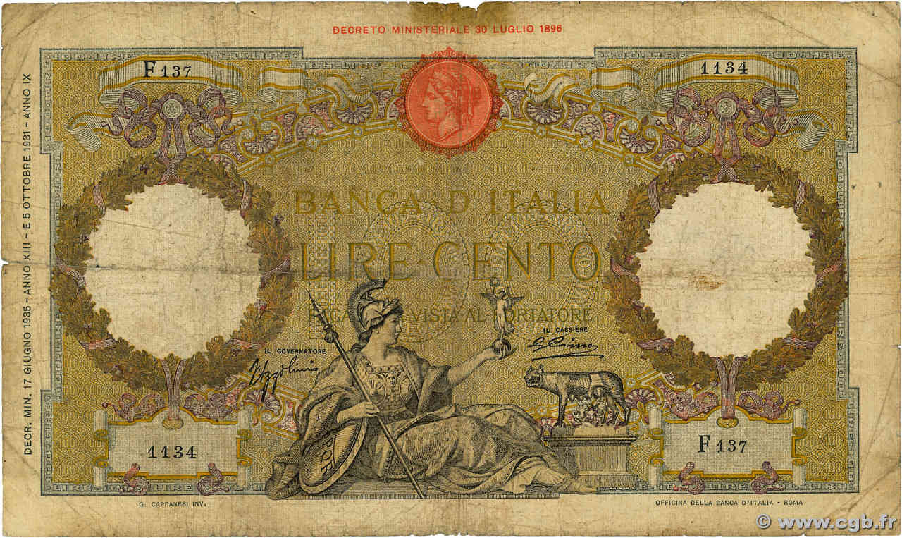 100 Lire ITALIE  1935 P.055a B