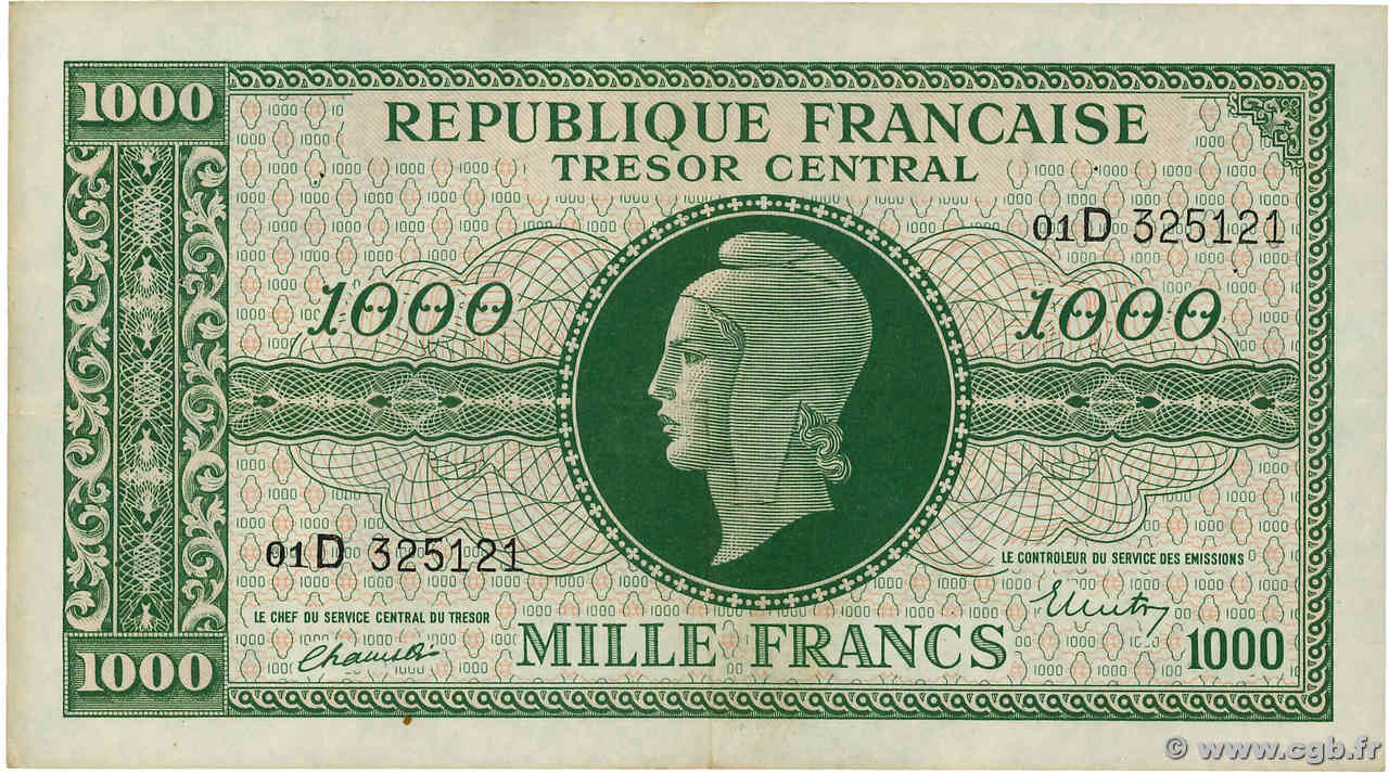 1000 Francs MARIANNE THOMAS DE LA RUE Petit numéro FRANCE  1945 VF.13.01 TTB+