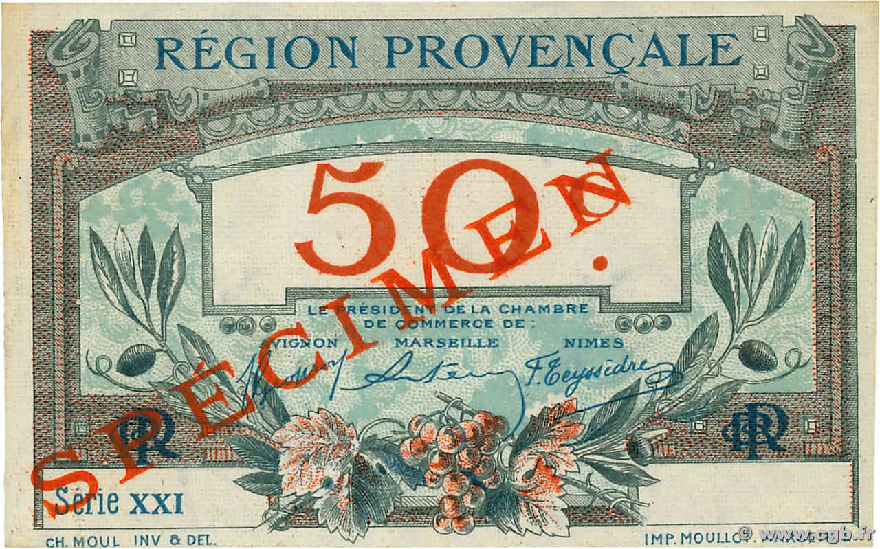 50 Centimes Spécimen FRANCE régionalisme et divers Alais, Arles, Avignon, Gap, Marseille, Nîmes, Toulon 1918 JP.102.02 pr.NEUF