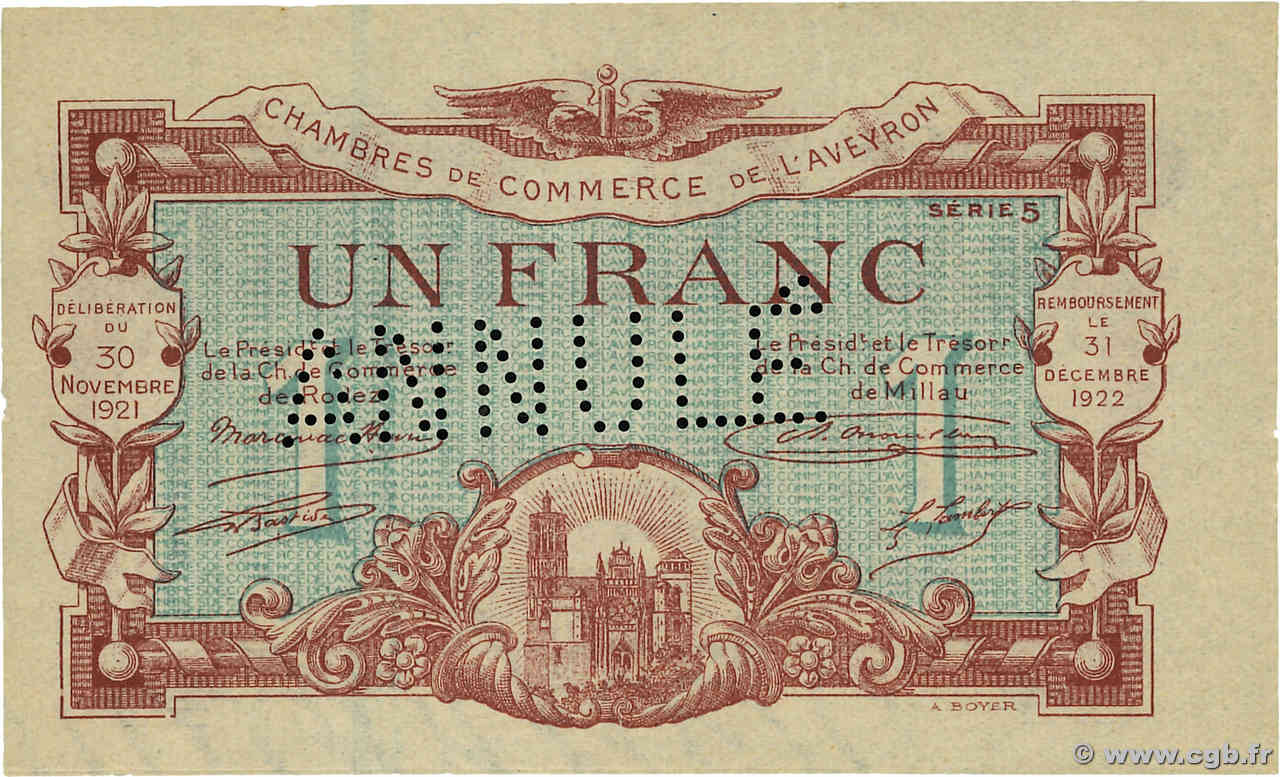 1 Franc Annulé FRANCE régionalisme et divers Rodez et Millau 1921 JP.108.19 pr.NEUF