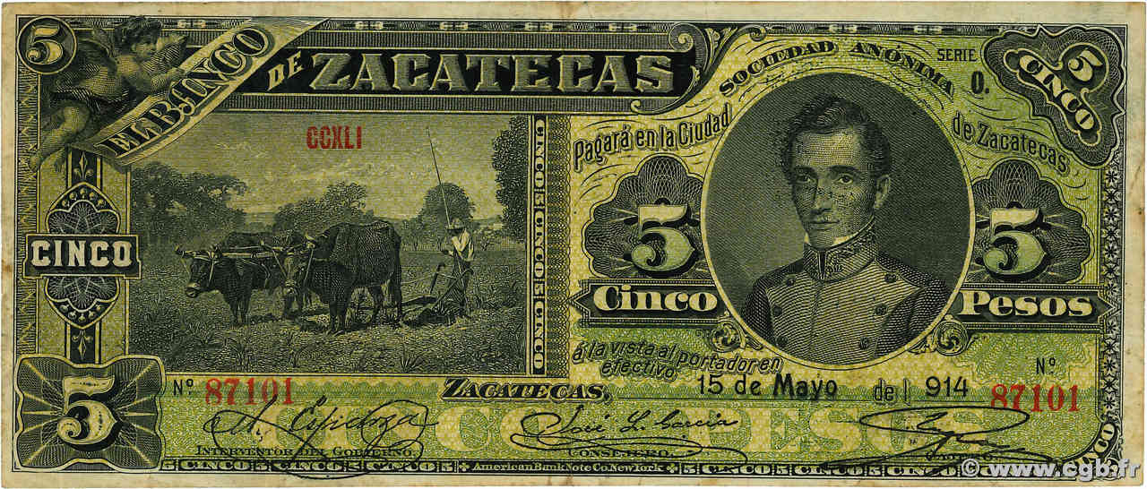 5 Pesos MEXICO Zacatecas 1914 PS.0475d BC+