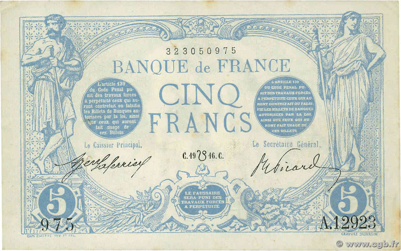 5 Francs BLEU lion inversé FRANCE  1916 F.02bis.04 pr.SUP