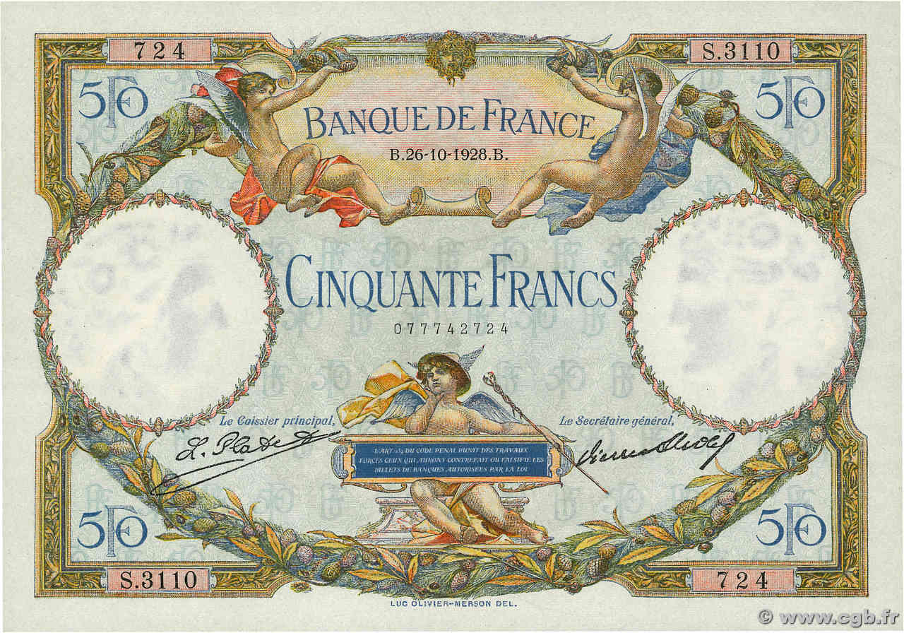 50 Francs LUC OLIVIER MERSON FRANCIA  1928 F.15.02 EBC