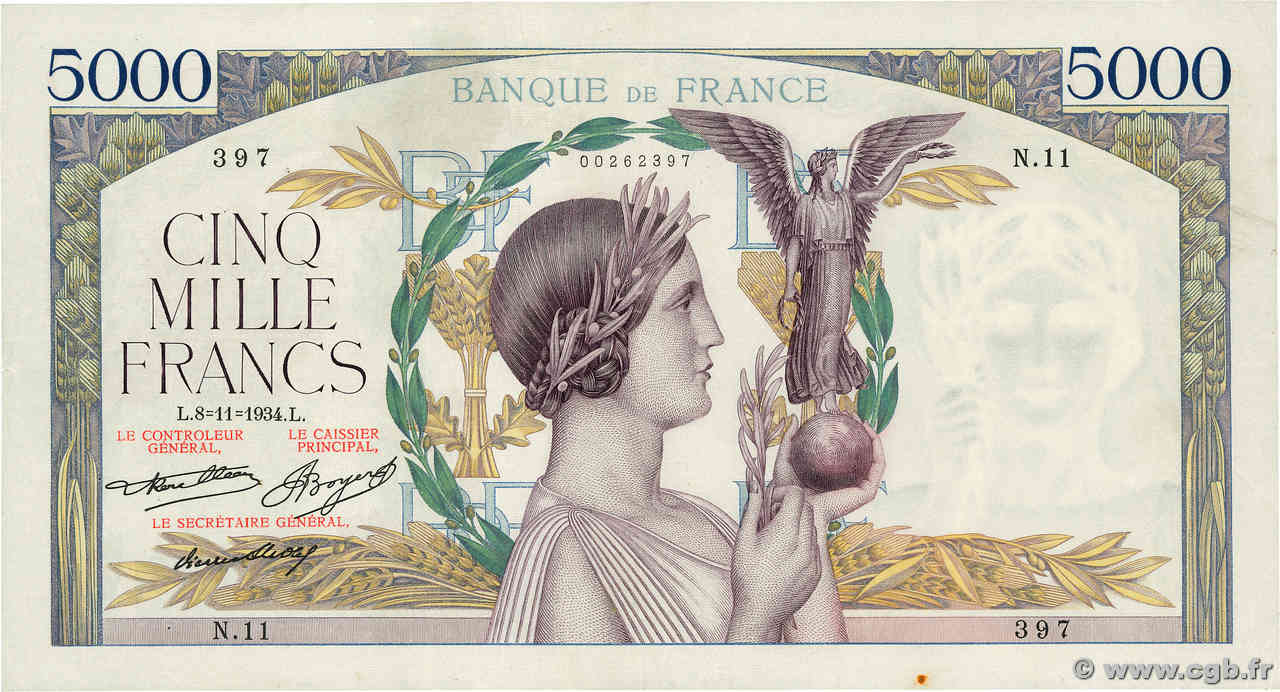 5000 Francs VICTOIRE FRANCE  1934 F.44.01 TTB+