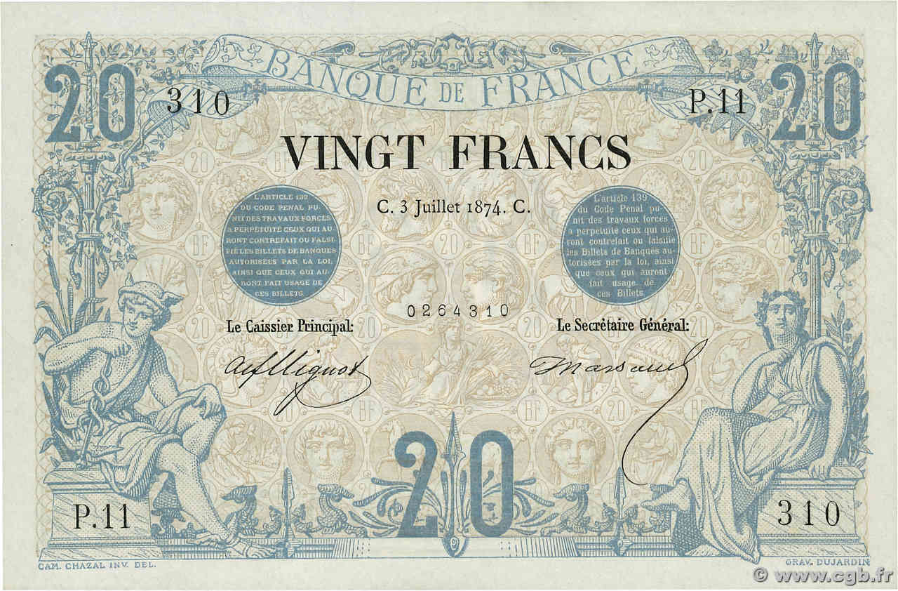 20 Francs NOIR FRANCIA  1874 F.09.01 FDC