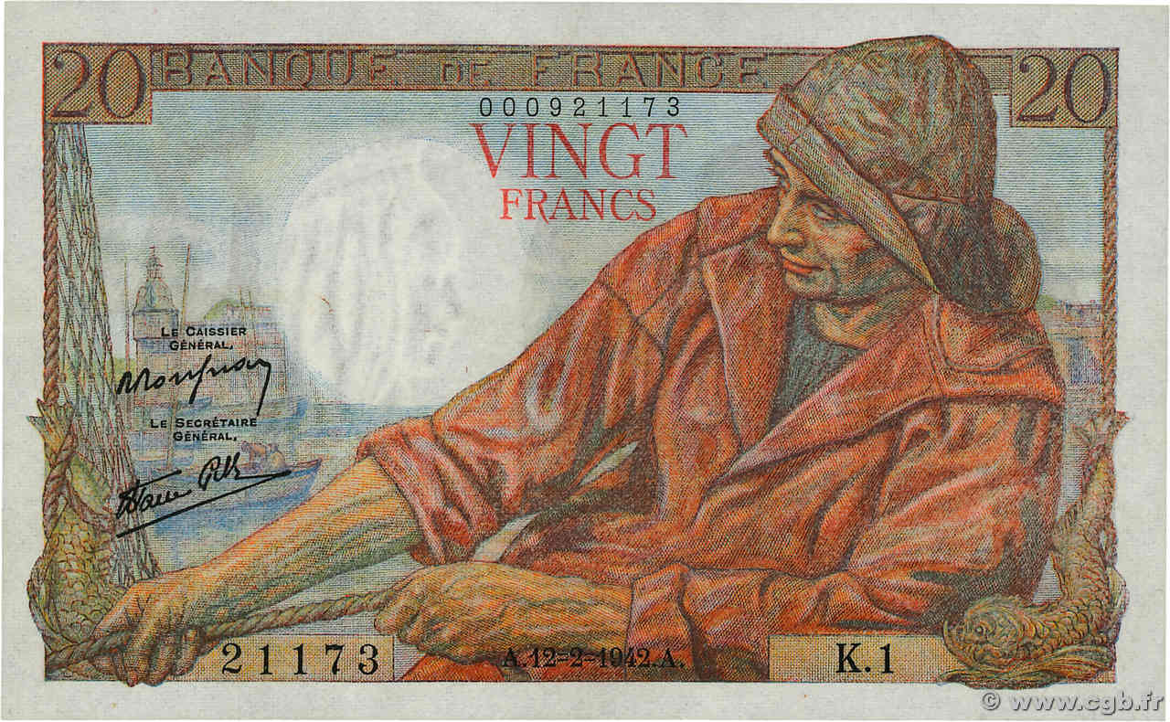 20 Francs PÊCHEUR FRANCE  1942 F.13.01 SPL+